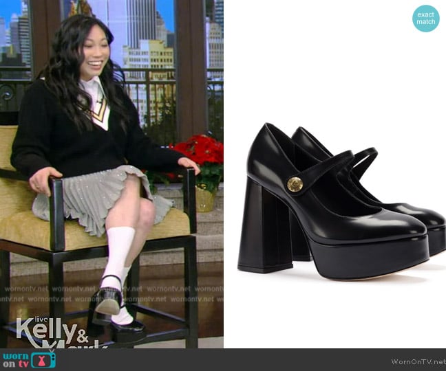 Larroude Emma Pump In Black Leather worn by Awkwafina on Live with Kelly and Mark