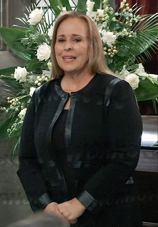 Laura’s black leather trim jacket on General Hospital