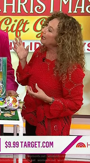 Laurie Schacht’s red crochet knit asymmetric top on Today