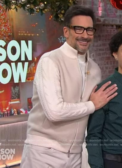 Lawrence Zarian’s cable knit bomber jacket on The Kelly Clarkson Show