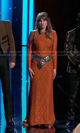 Lila Forde’s orange floral lace dress on The Voice