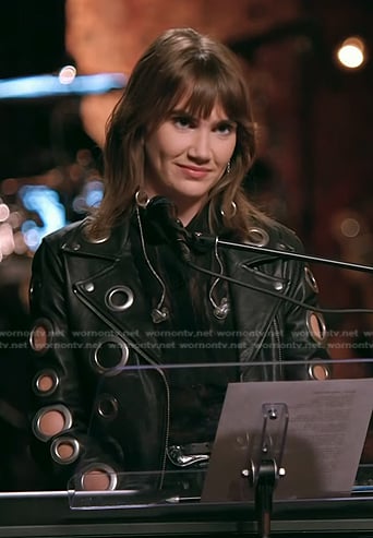 Lila Forde’s black grommet moto jacket on The Voice