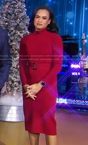 Linsey’s red belted sweater dress on Good Morning America