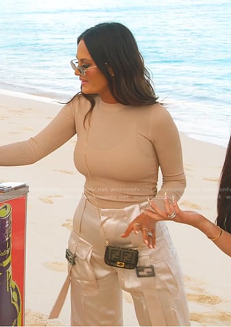 Lisa’s beige ribbed top and satin cargo pants on The Real Housewives of Salt Lake City