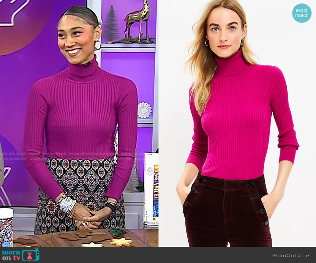 Loft Ribbed Turtleneck Sweater in Light Fresh Magenta worn by Ally Love on Today