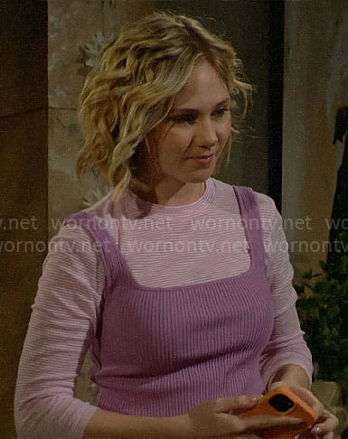 Lucy’s purple rib knit tank and purple striped tee on The Young and the Restless