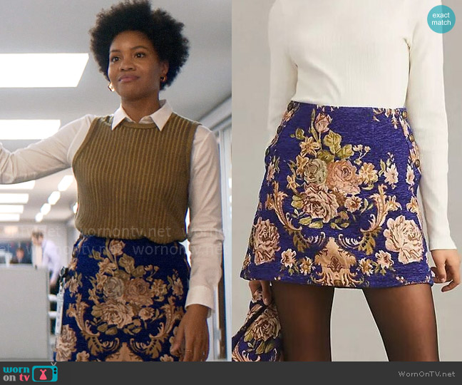 Maeve Print Brocade Mini Skirt worn by Nella Rogers (Sinclair Daniel) on The Other Black Girl