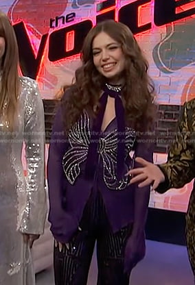 Mara Justine’s purple embellished bow top on The Voice