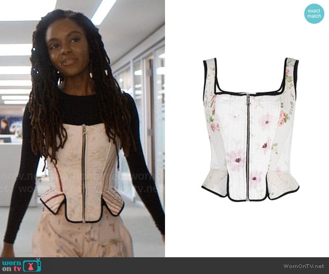 Marine Serre Floral-print corset vest top worn by Hazel-May McCall (Ashleigh Murray) on The Other Black Girl