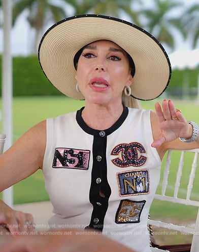 Marysol’s white Chanel patchwork playsuit on The Real Housewives of Miami