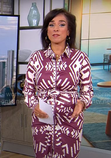 Michelle Miller’s purple and white printed shirtdress on CBS Mornings