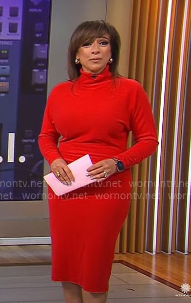 Michelle Miller’s red turtleneck dress on CBS Mornings