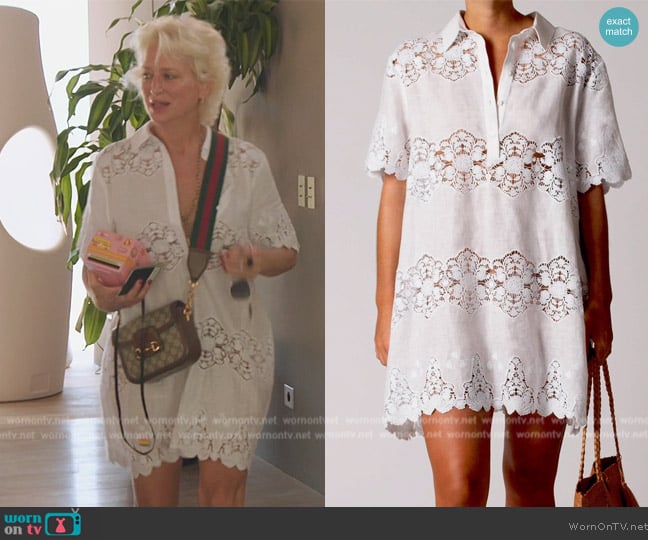 Miguelina Elle Cloisters Linen Embroidery Cover up worn by Dorinda Medley on The Real Housewives Ultimate Girls Trip