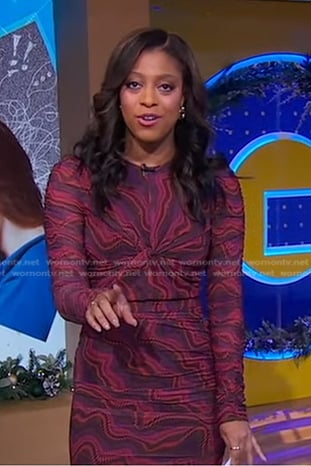 Morgan Norwood’s red print asymmetric dress on Good Morning America