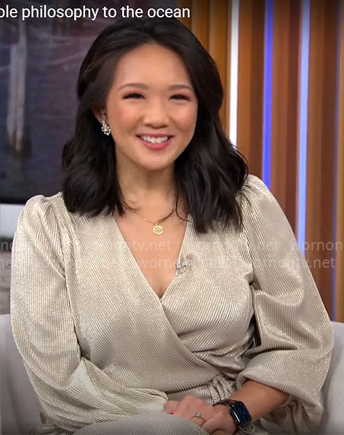 Nancy Chen’s champagne wrap dress on CBS Mornings