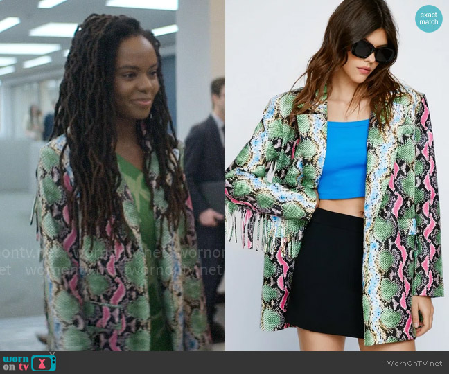 Nasty Gal Snake Faux Leather Long Blazer Coat worn by Hazel-May McCall (Ashleigh Murray) on The Other Black Girl