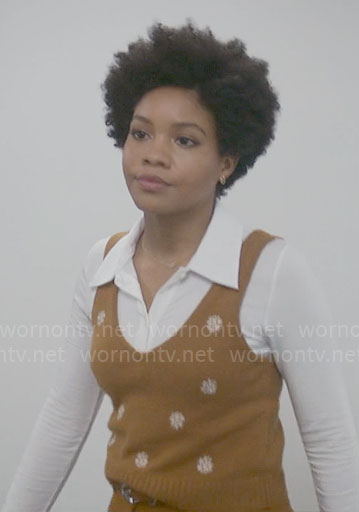Nella’s mustard flower embroidered sweater vest on The Other Black Girl