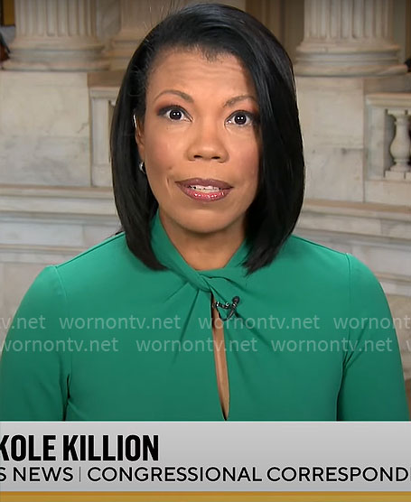 Nikole Killion’s green twist neck dress on CBS Mornings