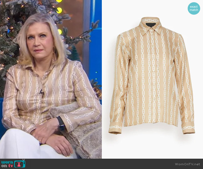 Nili Lotan Lou Shirt in Chain Link in Khaki/Ivory worn by Diane Sawyer on Good Morning America
