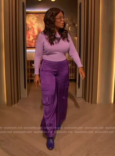 Oprah’s purple satin utility pants on The Drew Barrymore Show
