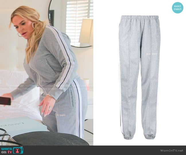 Palm Angels Logo-Embroidered Glitter Track Trousers worn by Heather Gay on The Real Housewives of Salt Lake City