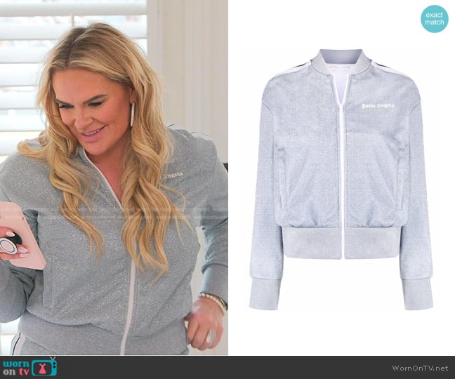 Palm Angels Logo-Print Glitter Zip-Up Jacket worn by Heather Gay on The Real Housewives of Salt Lake City