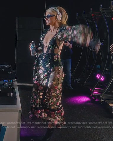 Paris’s black floral lace plunging dress on Paris in Love