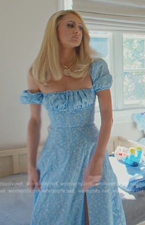 Paris’s blue floral print midi dress on Paris in Love