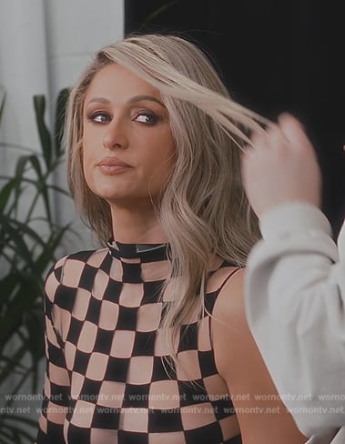 Paris’s sheer check one sleeve top on Paris in Love
