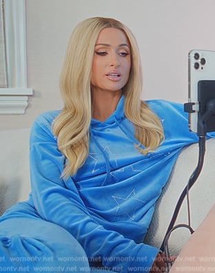 Paris’s blue velour star embellished hoodie on Paris in Love