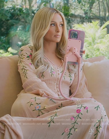 Paris’s pink floral embroidered maxi dress on Paris in Love