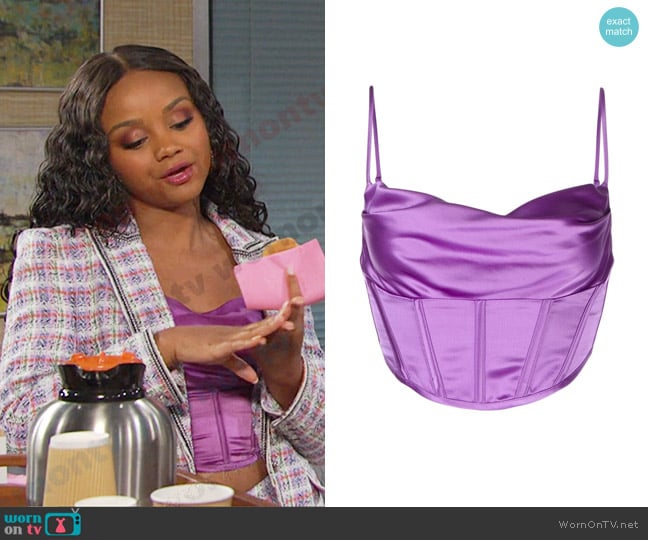 Retrofete Celia Top in Orchid Purple worn by Chanel Dupree (Raven Bowens) on Days of our Lives