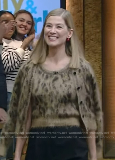 Rosamund Pike’s leopard print mohair tank and cardigan on Live with Kelly and Mark