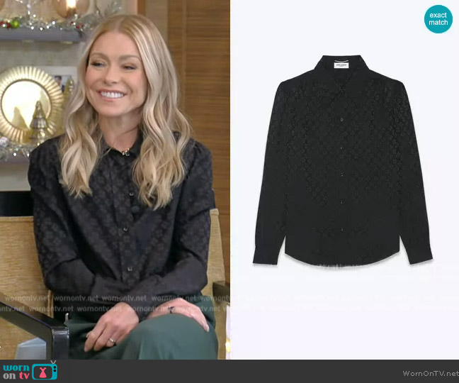 Saint Laurent Shirt in Matte and Shiny Silk worn by Kelly Ripa on Live with Kelly and Mark