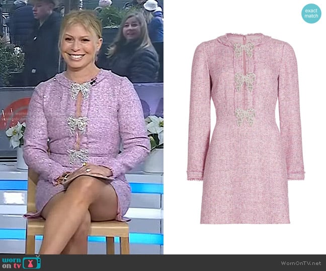 Saloni Camille Bow Tweed Minidress in Baby Pink Pearl Bows worn by Jill Martin on Today