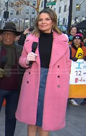 Savannah’s pink double breasted teddy coat on Today