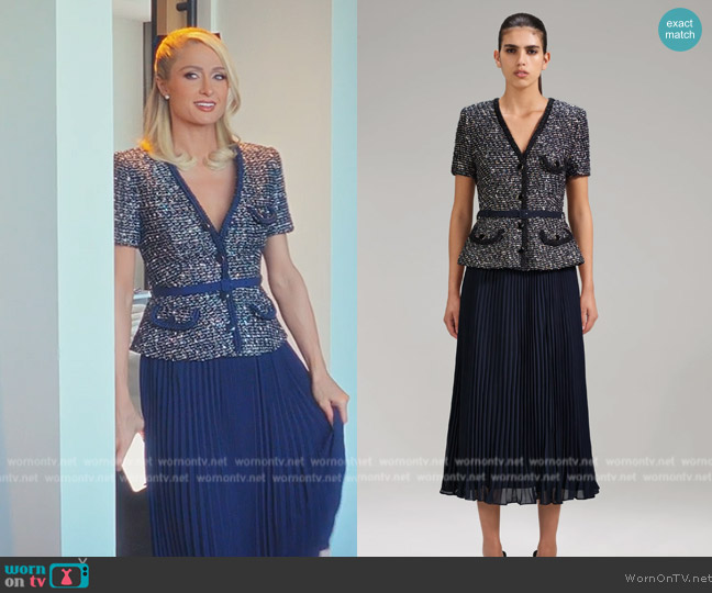 Self Portrait Navy Boucle Chiffon Skirt Midi Dress worn by Paris Hilton on Paris in Love