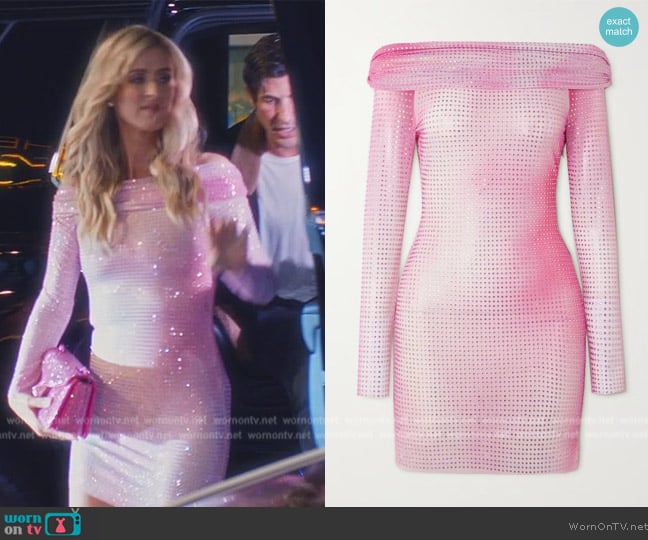 Self Portrait Off-the-shoulder crystal-embellished ombre stretch-mesh mini dress worn by Nicky Hilton Rothschild on Paris in Love