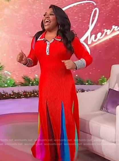 Sherri’s red rainbow pleated polo dress on Sherri