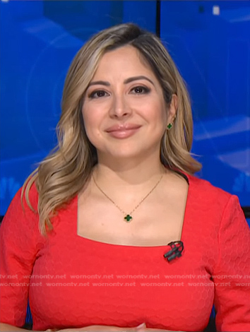 Silvana Henao’s red square neck honeycomb dress on NBC News Daily