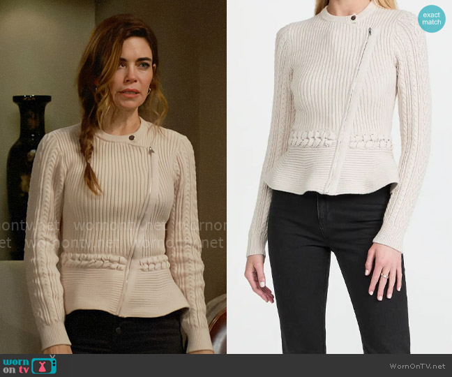 Simkhai Andi Cardigan in Stone worn by Victoria Newman (Amelia Heinle) on The Young and the Restless
