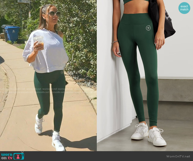 Sporty & Rich Bonnie Printed Stretch Leggings in Dark Green worn by Dorit Kemsley on The Real Housewives of Beverly Hills