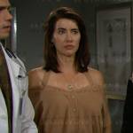 Steffy’s camel cropped off-shoulder cardigan on The Bold and the Beautiful