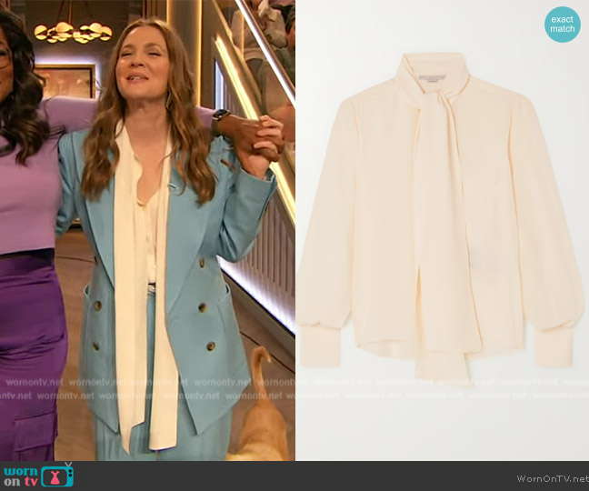 Stella McCartney + NET SUSTAIN tie-neck silk blouse worn by Drew Barrymore on The Drew Barrymore Show