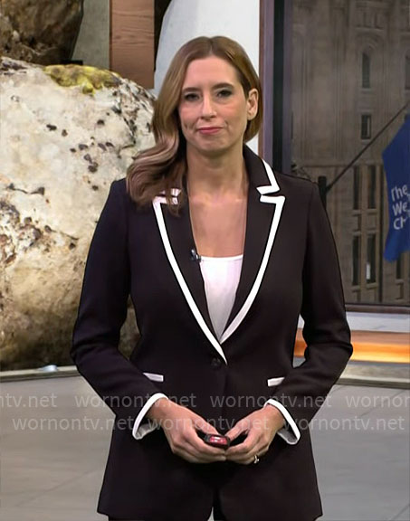 Stephanie Abrams’ black blazer with white trim on CBS Mornings