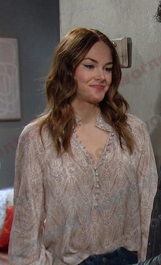 Stephanie’s beige printed blouse on Days of our Lives