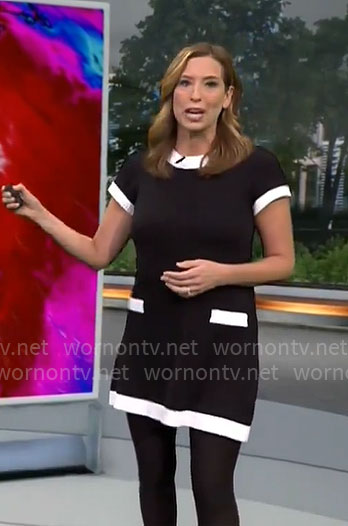 Stephanie Abrams’ black and white mini shift dress on CBS Mornings