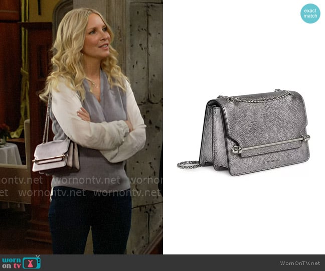 Strathberry Mini East/West Metallic Leather Shoulder Bag in Dark Silver worn by Christine Blair Williams (Lauralee Bell) on The Young and the Restless