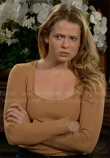 Summer’s camel rib knit top with split cuffs on The Young and the Restless