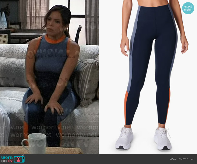 Sweaty Betty Power High Waist Colorblock Workout Leggings in Endless Blue worn by Alison 'Blaze' Rogers (Jacqueline Grace Lopez) on General Hospital